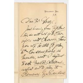 A Hennicke - Wallaroo Bay - Suggests asking Master Alderman to play instead of Miss Doris Cloud who is unable to come to Adelaide