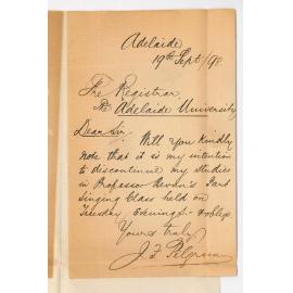 Mr J F Pilgrim - Adelaide - Discontinuing as a Student of Mr Bevans Part Sing Class