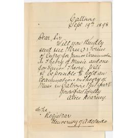 Miss Alice Kearney - Caltowie - Asking if Music Exam in Theory be held in Caltowie