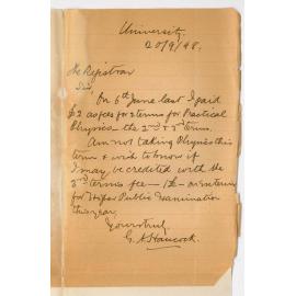 George Alfred Hancock - University - Request for fee paid for 3rd Term Physics be placed to Credit for Higher Public Exam