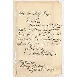 Mrs F McA Phillips  - Prospect - Miss Fanny Phillips will not continue Music Lessons after end of present Term