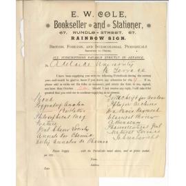 E W Cole - Adelaide - Are Periodicals supplied now are to be continued in 1899