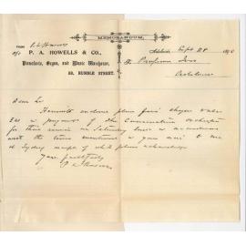 P A Howells - City - To Professor Joshua Ives - Enclosing cheque £21 fees for services at Conservatorium Orchestra on 24 Instant