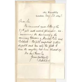 Messrs Hatchards - London - Letter 27th ultimo announcing discovery of missing volumes of Marco Polo and Deldme