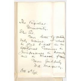 William Ashley Magarey - Adelaide - Will act as additional Examiner in Jurisprudence in November and March next