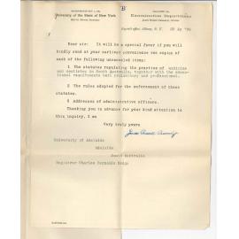 Melvil Dewey - Secretary - James Russell Parsons Junior - Director - University of New York - Request two copies of regulations controlling practice of Medicine and Dentistry in SA