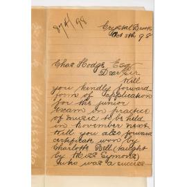 Miss Ethel Symons - Crystal Brook - Form of entry Junior Practice of Music - Certificate won by Charlotte Bell at Primary Exam in Practice of Music be forwarded