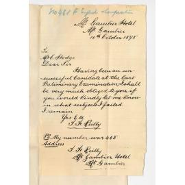 T F Reilly - Mount Gambier - In what subjects failed to satisfy Examiners Preliminary Exam