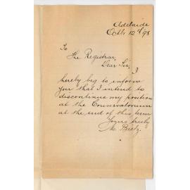 Miss M Bietz - Adelaide - Resigning position at the Conservatorium