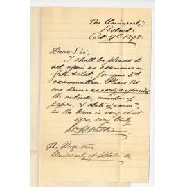 W H Williams - University - Hobart - Consenting to act as Examiner in Greek and Latin