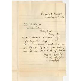 Miss E L Forgan - Crystal Brook - Acknowledges return of ten shillings and six pence