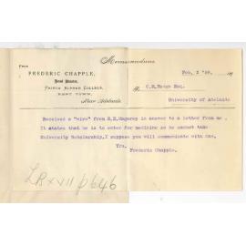 Frederic Chapple - Prince Alfred College - Kent Town - Reporting that Rupert Eric Magarey cannot take University Scholarship