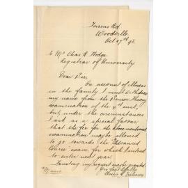 Miss Bessie L Treleaven - Woodville - Asking that fee paid for Senior Theory go towards fee for Advanced Course Exam in 1899