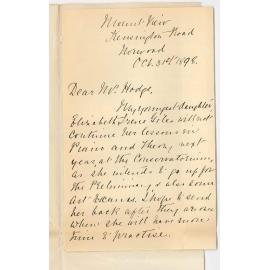 Mrs Mary Rea Giles - Norwood - Elizabeth Irene Giles will not take lessons at Conservatorium after end of year