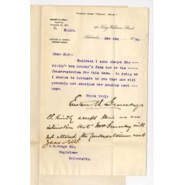 Eustace B Grundy - Adelaide - Mrs Grundy fees to Conservatorium Will not take lessons in 1899