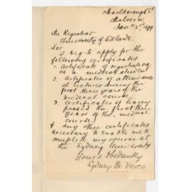 Sydney Manton Verco - Malvern - Request for Medical Certificates