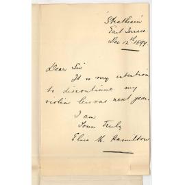 Miss Elsie M Hamilton - East Terrace - Discontinuing lessons in Violin at the Conservatorium