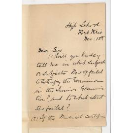 Miss Bessie Scott - High School - Port Pirie - Requesting particulars failure of number 137 Junior Exam and Requesting Music Certificates