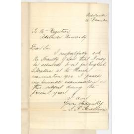 Samuel Richard Heseltine - Adelaide - Permission to sit examination in English Language and Literature in March 1900