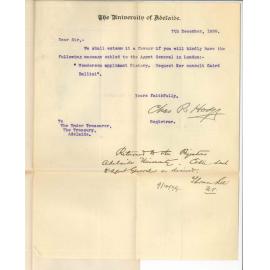 The Treasurer - Adelaide - Cable sent to Agent General as requested