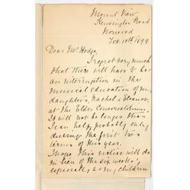 Mrs M R Giles - Norwood - Daughter Rachel will not continue at Conservatorium