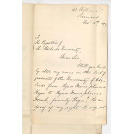 Mrs C Dorsch - Norwood - Name on graduate list to be altered from Agnes Marie Johann Heyne to A M J Dorsch