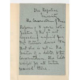 Mrs Paterson - Adelaide - Regarding Conservatorium fees