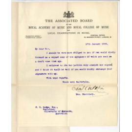 Samuel Aitken - Honorary Secretary - Associated Board - London - Request for signed agreement