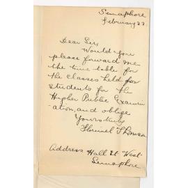 Miss F Thomson - Semaphore - Request for Time Table of Lectures