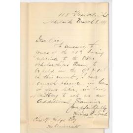 Thomas H Jones - Adelaide - Consenting to act as Examiner in Elder Scholarship Examination