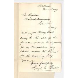 D W Brock - Adelaide - Discontinuing lessons at Conservatorium