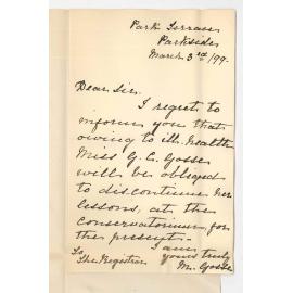 Mrs M Gosse - Parkside - Miss G C Gosse will discontinue at Conservatorium