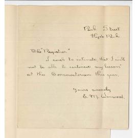 Miss E M Winwood - Hyde Park - Discontinuing lessons at Conservatorium