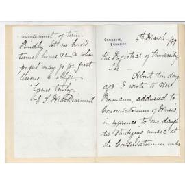 Mrs E T MacDiarmid - Burnside - Daughter wishes to become Student at Conservatorium