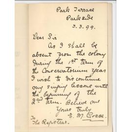 Miss E M Gosse - Parkside - Discontinuing lessons at Conservatorium