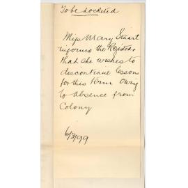 Miss Mary Stuart - Will discontinue lessons at Conservatorium