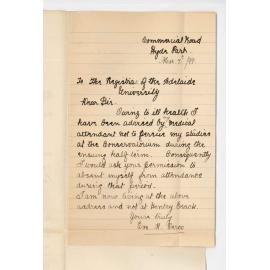 Miss E M Verco - Hyde Park - Will not be able to continue lessons at Conservatorium