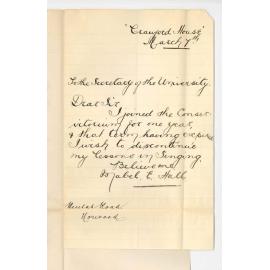 Miss Mabel E Hall - Discontinuing lessons at Conservatorium