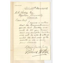 Richard J H Wills - Adelaide - Daughter Kathleen will not commence lessons at Conservatorium until end of month