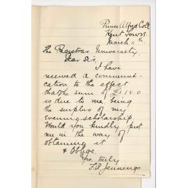 F A Jennings - Prince Alfred College - Request for surplus of Evening Scholarship