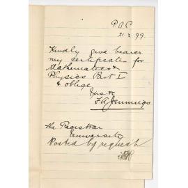 F A Jennings - Prince Alfred College - Request for Higher Public Certificates