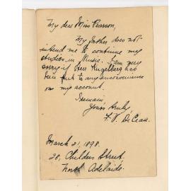 Miss F V DeCean - North Adelaide - Will not continue lessons at Conservatorium