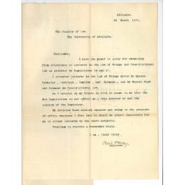 Cecil T Bray - Adelaide - Application exemption from attendance on Lectures