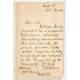 Mrs E A Borrow - Adelaide - Request for Music Pamphlet