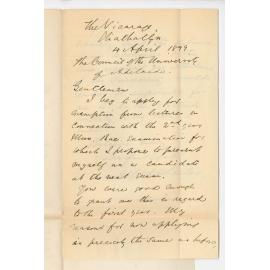 Alfred Wheeler - Strathalbyn - Application for exemption from attendance on Lectures