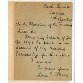 Miss Dora Isabel Paton - Adelaide - Request for payment of Balance of Fees to Her Account of the Evening Scholarship