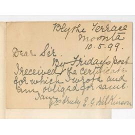 Mrs E G Wilkinson - Moonta - Acknowledging receipt of Certificate