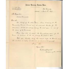 Cuthbert Lillywhite - Adelaide University Christian Union - Thanking Council for use of room for meetings