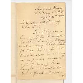 Miss Caroline Jacob - North Adelaide - Thanking examiners for information concerning failure of Miss Sangster in Preliminary