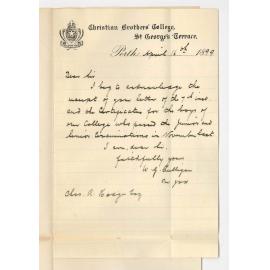 Reverend W G Culligan - Christian Brothers College - Perth - Acknowledging receipt of examination certificates